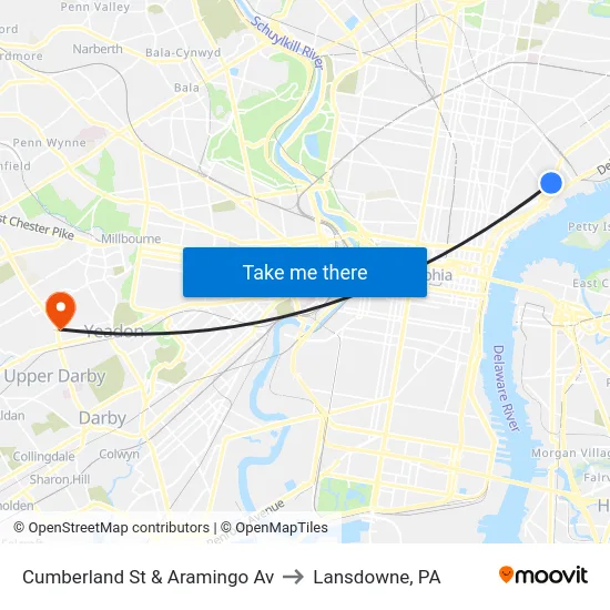 Cumberland St & Aramingo Av to Lansdowne, PA map