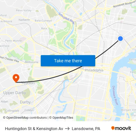 Huntingdon St & Kensington Av to Lansdowne, PA map