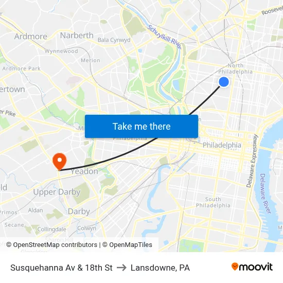 Susquehanna Av & 18th St to Lansdowne, PA map