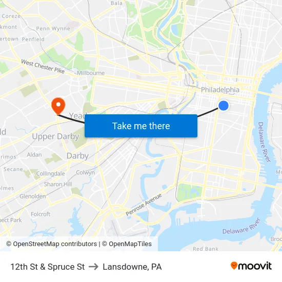 12th St & Spruce St to Lansdowne, PA map