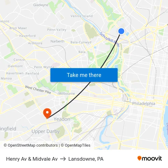 Henry Av & Midvale Av to Lansdowne, PA map
