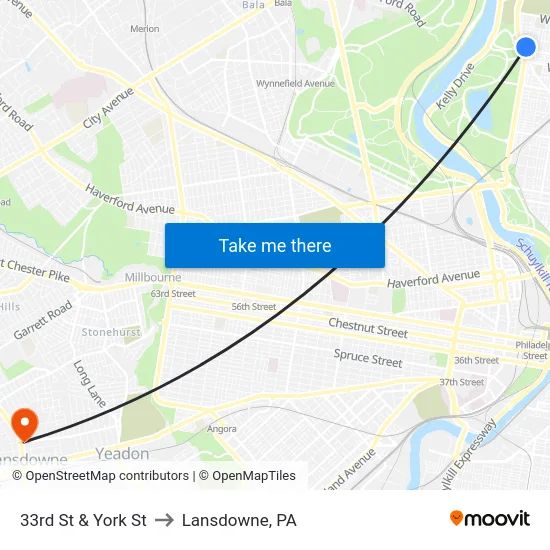 33rd St & York St to Lansdowne, PA map