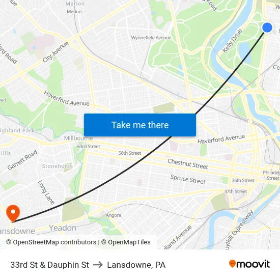 33rd St & Dauphin St to Lansdowne, PA map