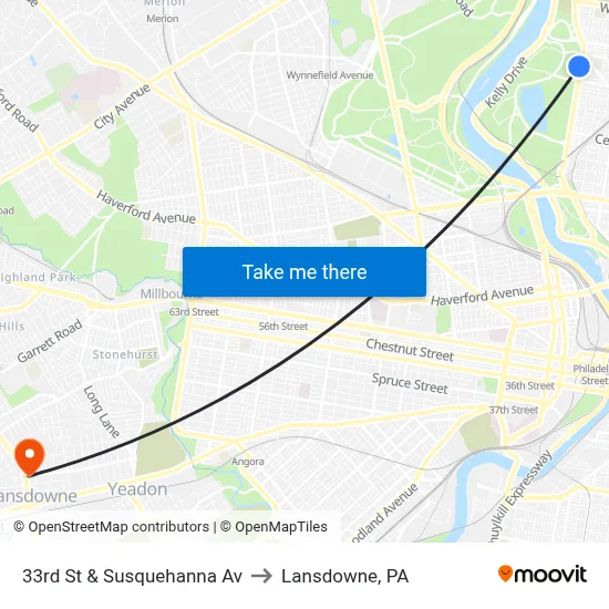 33rd St & Susquehanna Av to Lansdowne, PA map