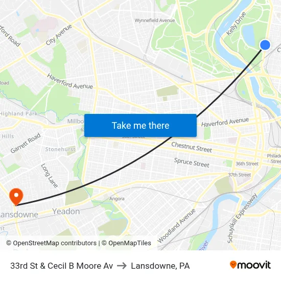33rd St & Cecil B Moore Av to Lansdowne, PA map