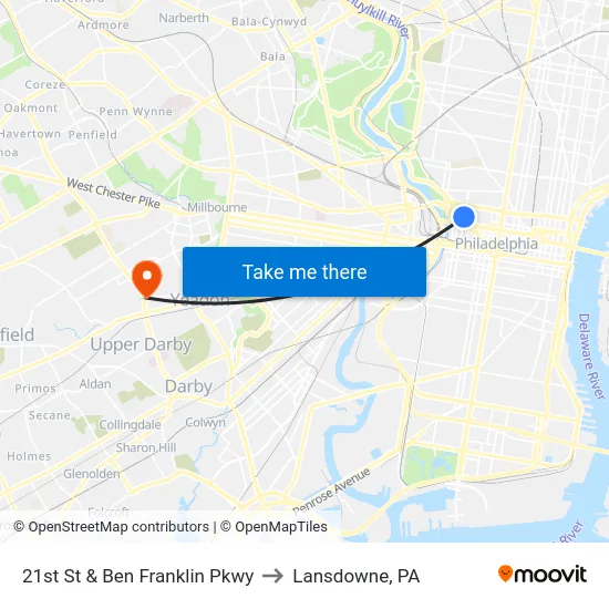21st St & Ben Franklin Pkwy to Lansdowne, PA map