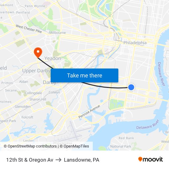 12th St & Oregon Av to Lansdowne, PA map