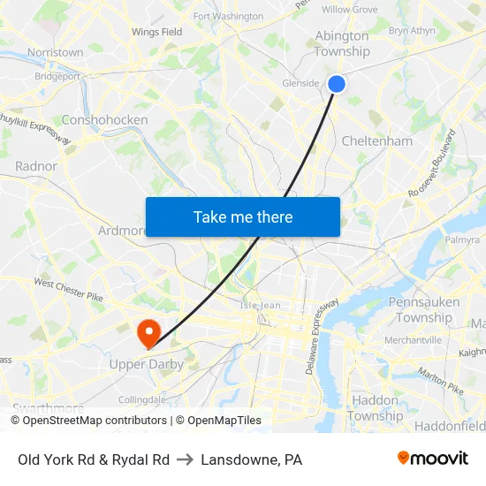 Old York Rd & Rydal Rd to Lansdowne, PA map