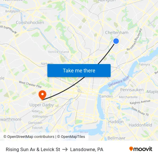 Rising Sun Av & Levick St to Lansdowne, PA map
