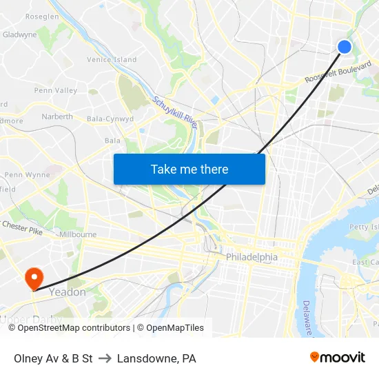 Olney Av & B St to Lansdowne, PA map