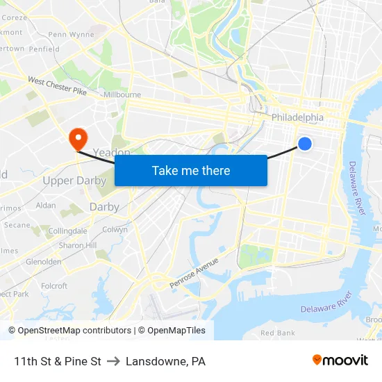 11th St & Pine St to Lansdowne, PA map