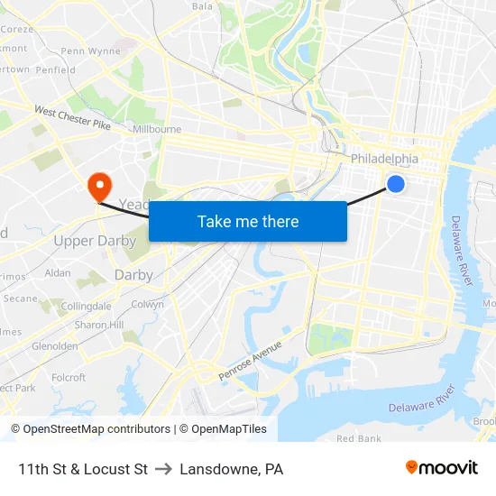 11th St & Locust St to Lansdowne, PA map