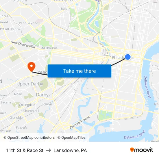 11th St & Race St to Lansdowne, PA map