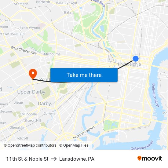 11th St & Noble St to Lansdowne, PA map