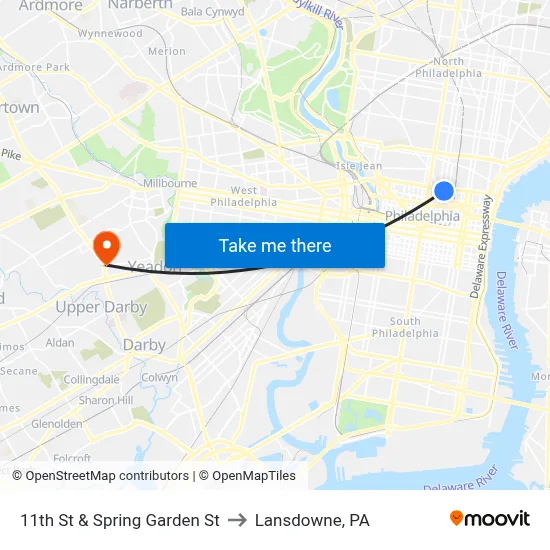 11th St & Spring Garden St to Lansdowne, PA map