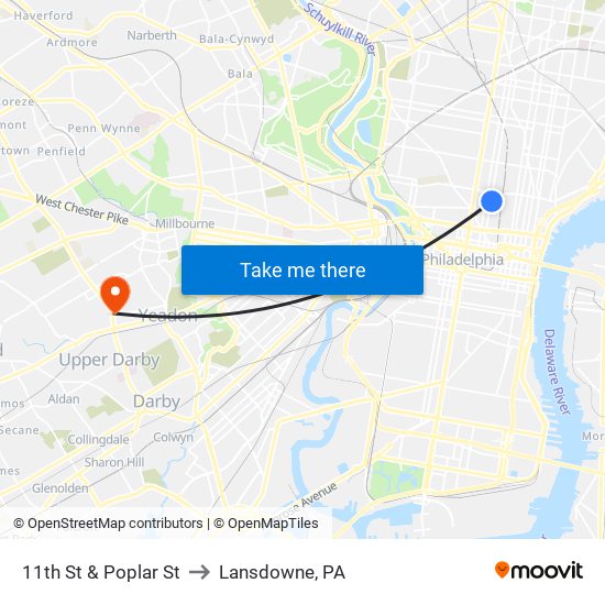 11th St & Poplar St to Lansdowne, PA map