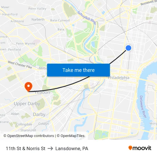 11th St & Norris St to Lansdowne, PA map