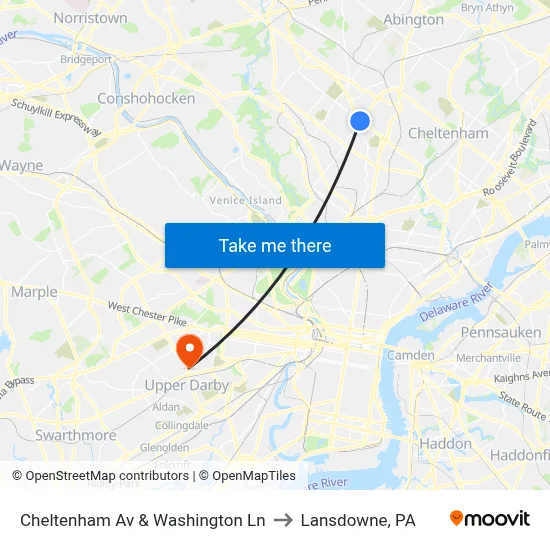Cheltenham Av & Washington Ln to Lansdowne, PA map