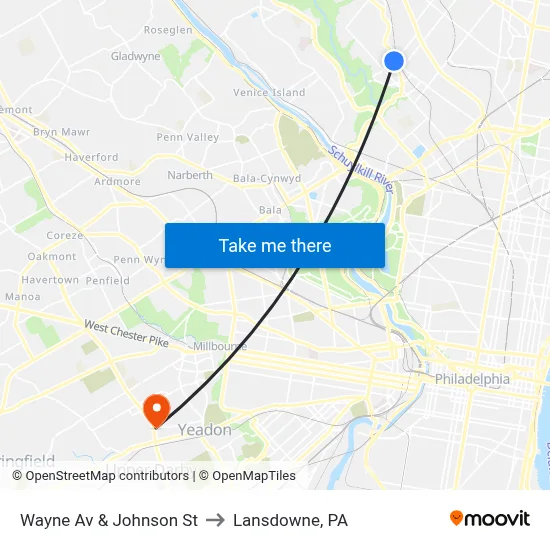 Wayne Av & Johnson St to Lansdowne, PA map