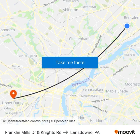 Franklin Mills Dr & Knights Rd to Lansdowne, PA map