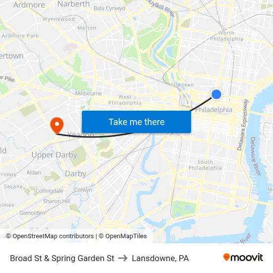Broad St & Spring Garden St to Lansdowne, PA map