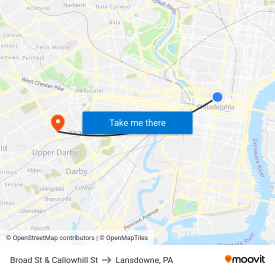 Broad St & Callowhill St to Lansdowne, PA map