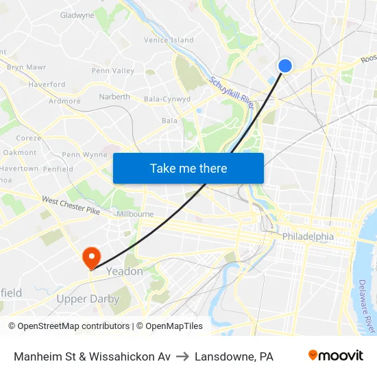 Manheim St & Wissahickon Av to Lansdowne, PA map