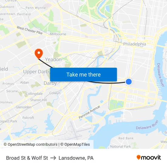 Broad St & Wolf St to Lansdowne, PA map
