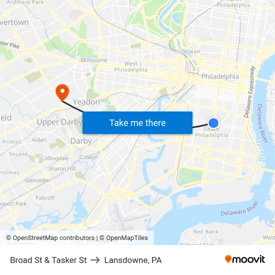 Broad St & Tasker St to Lansdowne, PA map