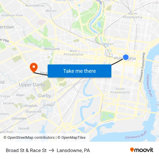 Broad St & Race St to Lansdowne, PA map