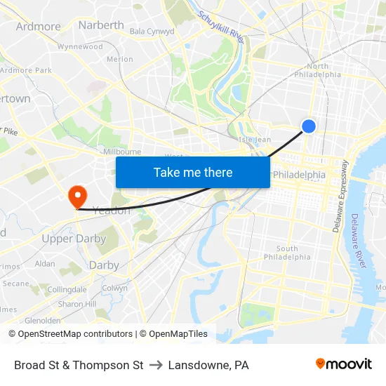 Broad St & Thompson St to Lansdowne, PA map