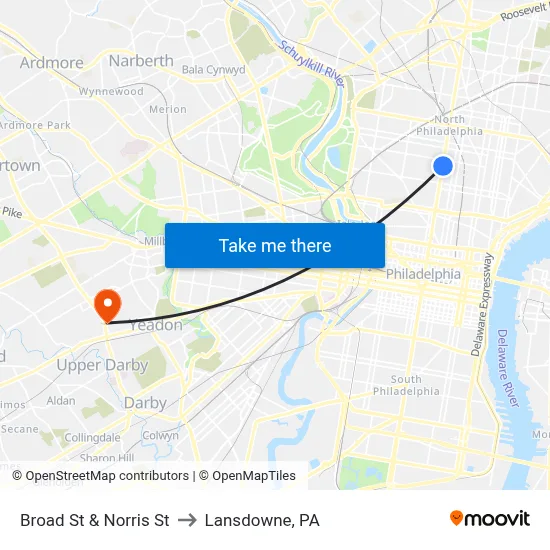 Broad St & Norris St to Lansdowne, PA map