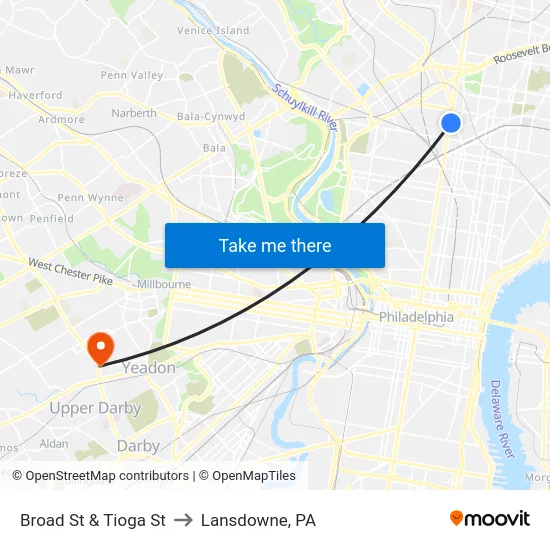 Broad St & Tioga St to Lansdowne, PA map