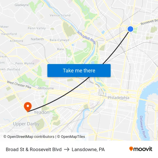 Broad St & Roosevelt Blvd to Lansdowne, PA map