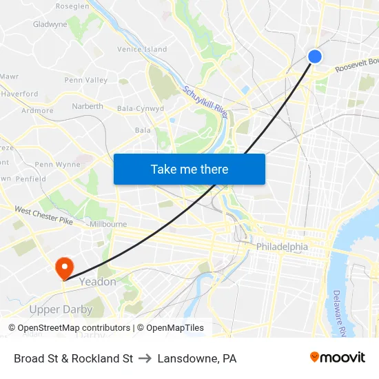 Broad St & Rockland St to Lansdowne, PA map
