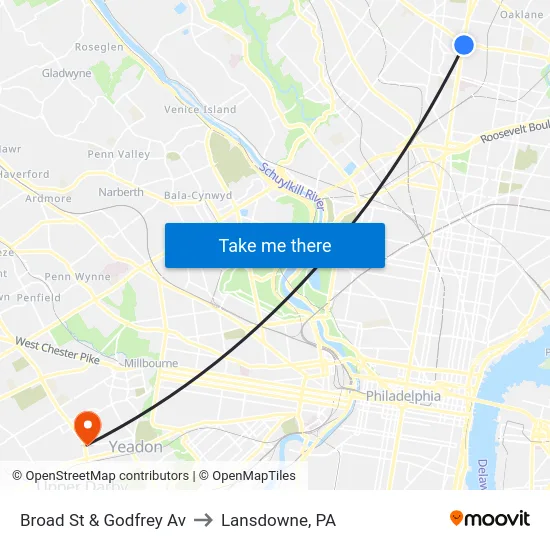 Broad St & Godfrey Av to Lansdowne, PA map