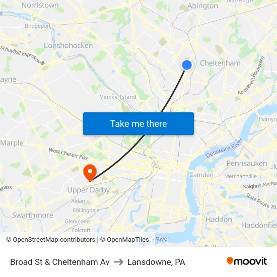 Broad St & Cheltenham Av to Lansdowne, PA map