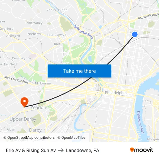 Erie Av & Rising Sun Av to Lansdowne, PA map