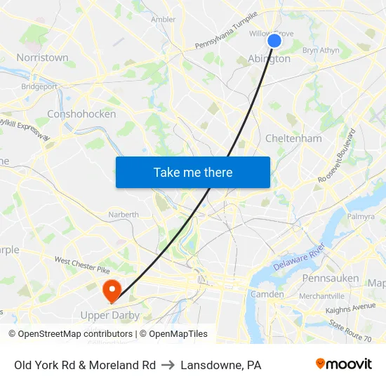 Old York Rd & Moreland Rd to Lansdowne, PA map
