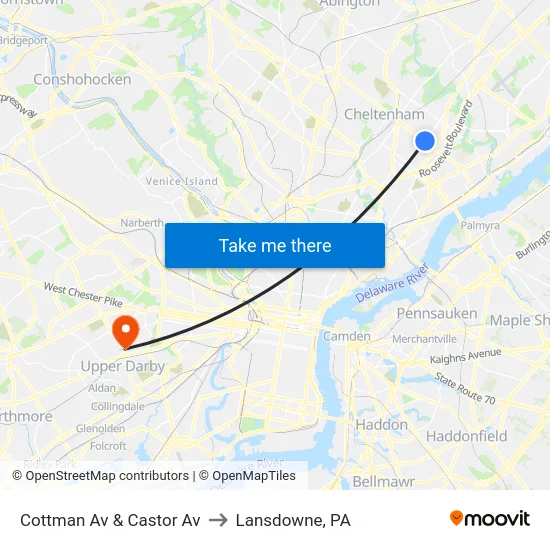 Cottman Av & Castor Av to Lansdowne, PA map