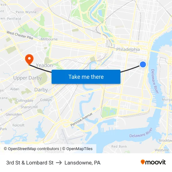 3rd St & Lombard St to Lansdowne, PA map