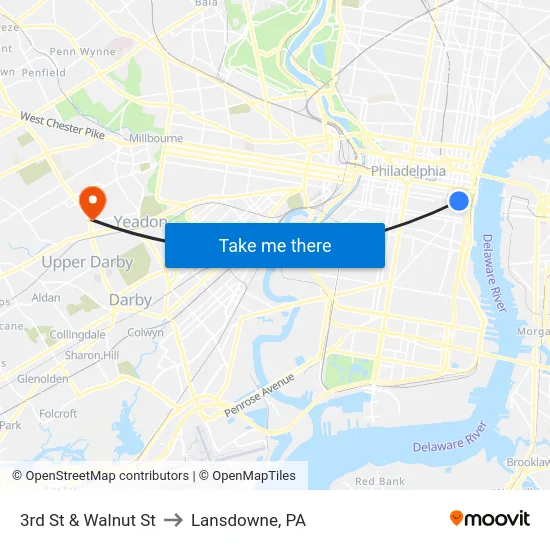 3rd St & Walnut St to Lansdowne, PA map