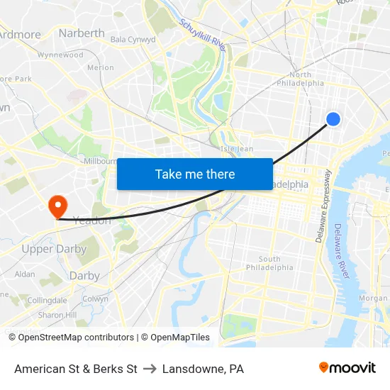 American St & Berks St to Lansdowne, PA map