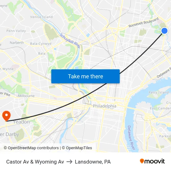 Castor Av & Wyoming Av to Lansdowne, PA map