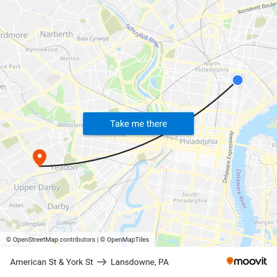 American St & York St to Lansdowne, PA map