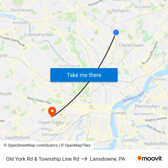Old York Rd & Township Line Rd to Lansdowne, PA map