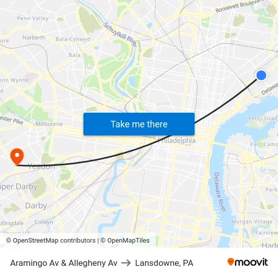 Aramingo Av & Allegheny Av to Lansdowne, PA map