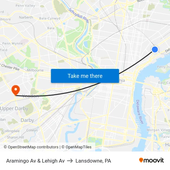 Aramingo Av & Lehigh Av to Lansdowne, PA map