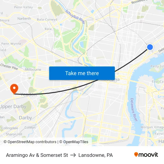 Aramingo Av & Somerset St to Lansdowne, PA map