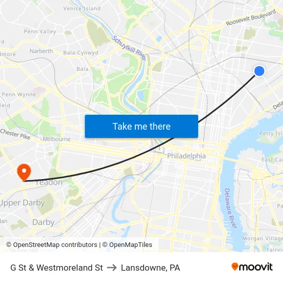 G St & Westmoreland St to Lansdowne, PA map
